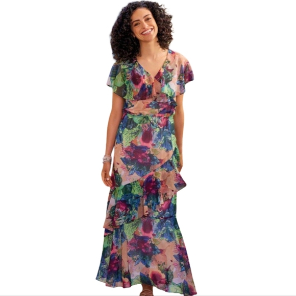 Soft Surroundings Ambrosia Tiered Maxi Dress Planterly Floral Women Medium - Picture 7 of 9